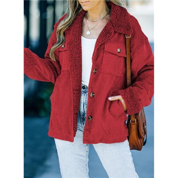 Women's Corduroy Sherpa Jacket Button Down Fleece Fur Collar Winter Coat - Picture 3 of 7